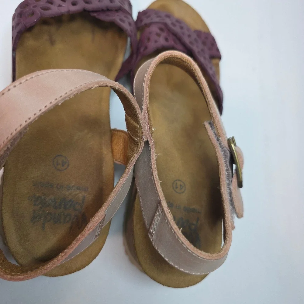 Wanda Panda Shoes Wedge Sandals Burgundy‎ Leather Cutout Cork Sole W's Size 41